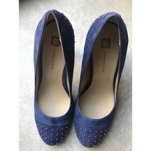 Blue suede heel 3”+ with studs on heel and toe.